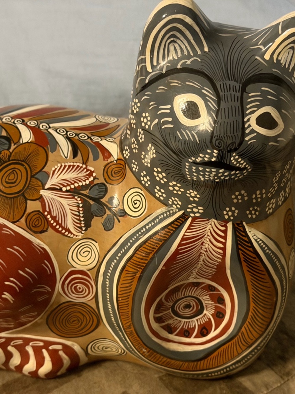 Tonalá Hand-Painted Ceramic Cat Figurine in Gray, Tan & Red